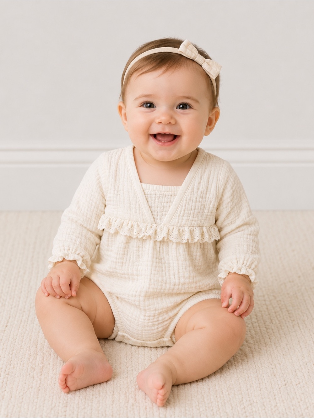 Greyson Cream Gauze Long-Sleeve One-Piece with Lace Ruffle 18 months
